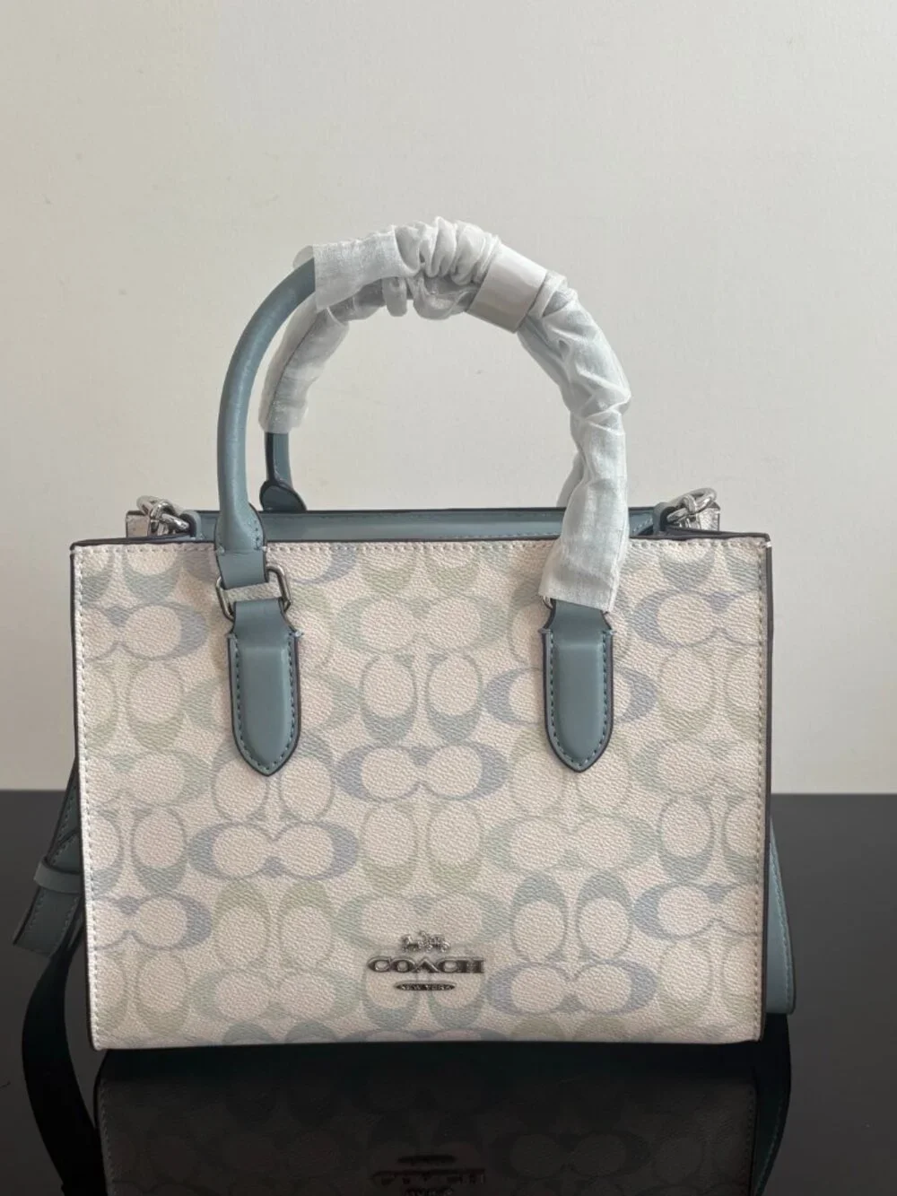 💧Coach White Pastel Logo Mini Tote Bag Light Blue Trim Crossbody